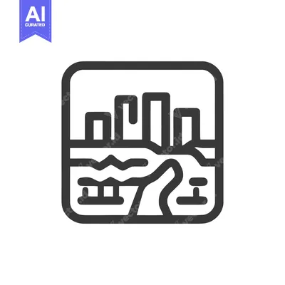 Aset desain premium: Minimalist Icon of Cityscape Over Water with Reflections in Rounded Fr
