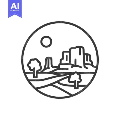 Aset desain premium: Minimalist Desert Landscape Icon with Rock Formations and Trees in Cir
