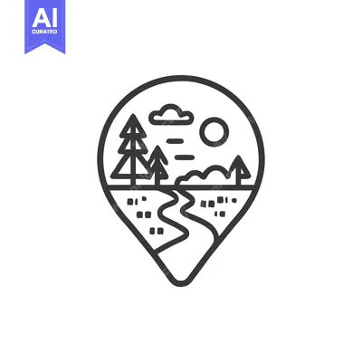 Aset desain premium: Minimalist Landscape Icon: Pine Trees, River, and Sun in Locator Shape