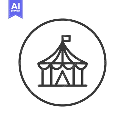 Aset desain premium: Minimalist Circus Tent Icon in Circle, Simple Line Art Design