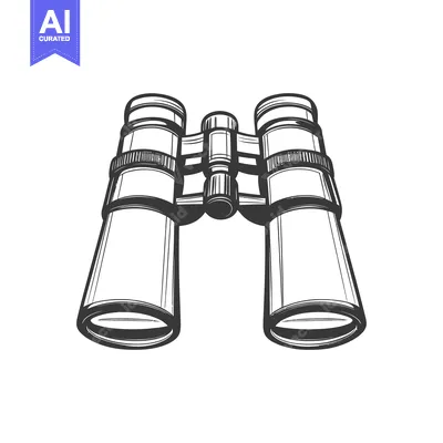 A detailed monochrome illustration of a pair of binoculars presented c