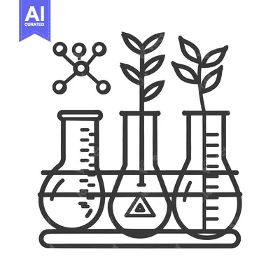 Aset premium populer: Illustration shows lab flasks with plants and molecular structure icon