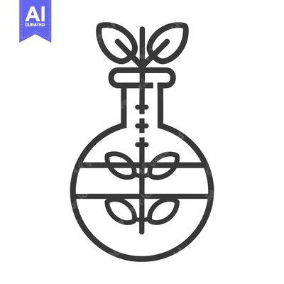 A stylized laboratory flask with growing plants and leaves depicted