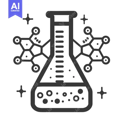 Aset premium populer: A laboratory flask with molecular structures and sparkling symbols
