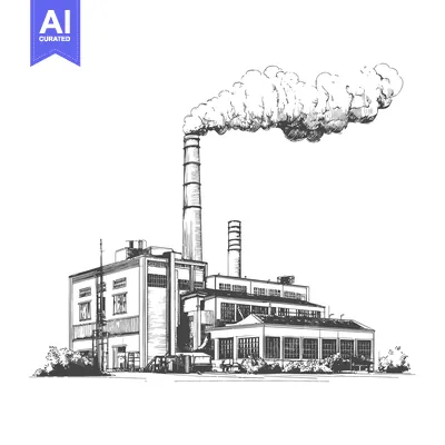 Aset desain premium: Industrial Factory Building Emits Smoke From Tall Chimney