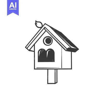 Aset desain premium: A simple illustration of a birdhouse design with a leaf detail