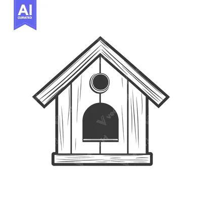Aset premium populer: A wooden dog house graphic with a circular top detail