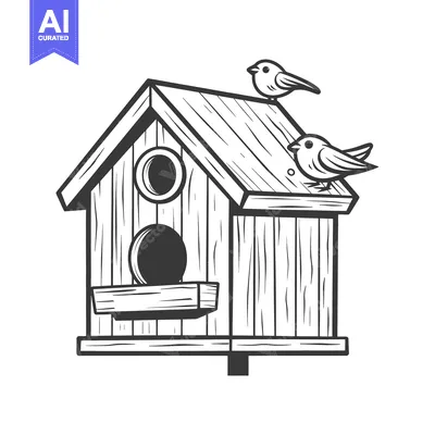 Premium design asset: A simplistic black and white illustration of a birdhouse and birds