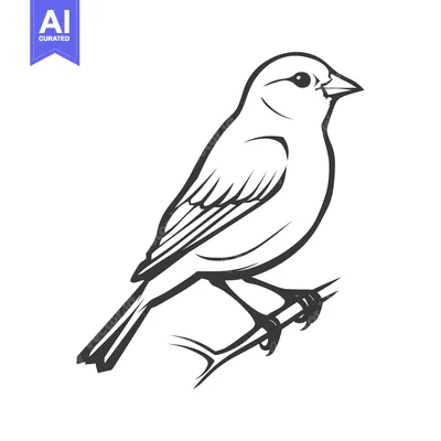 Aset desain premium: A black and white illustration depicting a small bird on a branch