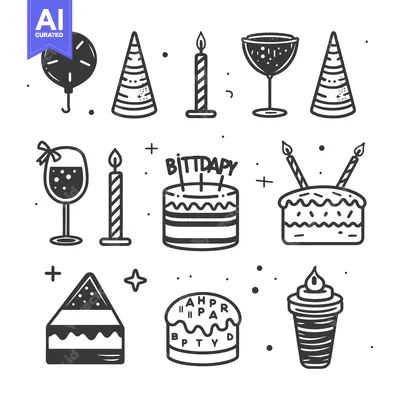 Aset premium populer: Black and white illustrations of different birthday party elements