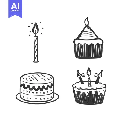 Aset desain premium: Four illustrated birthday treats containing candles are displayed plai