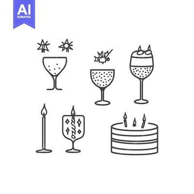 Aset premium populer: A monochrome collection of celebration themed line art elements