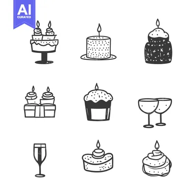Aset premium populer: Simple hand drawn black and white illustrations of birthday celebratio