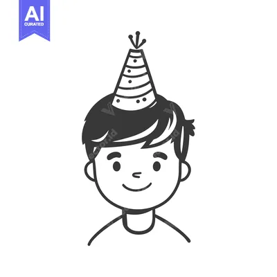 Aset desain premium: A smiling young boy wearing a striped party hat for celebration