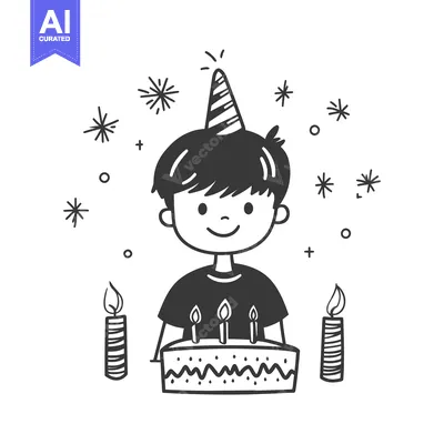Popular premium asset: A happy young boy celebrates a birthday with a cake