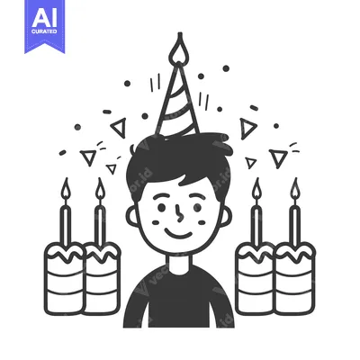 Premium design asset: A smiling person wearing a party hat with cakes and decorations