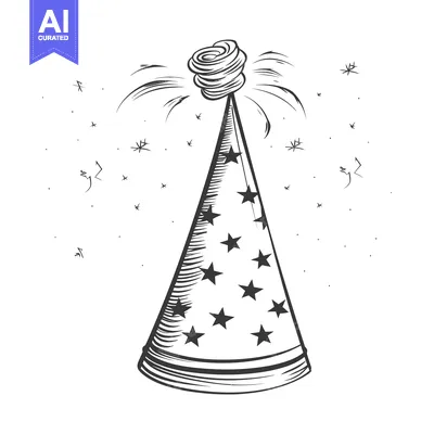 Aset premium populer: A conical party hat decorated with stars and a noisemaker