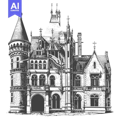 Aset desain premium: A Detailed Drawing Of An Ornate Gothic Style Mansion
