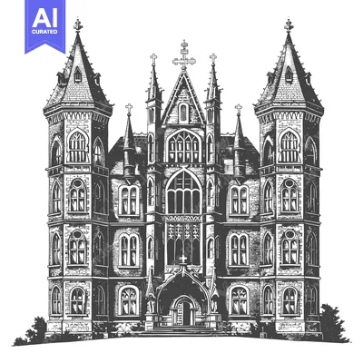 Premium design asset: Gothic Architecture Three Towered Building Illustration