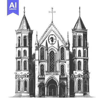 Aset desain premium: Gothic Style Church Architectural Drawing Illustration