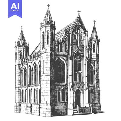 Aset premium populer: Gothic Style Church Architectural Drawing Illustration
