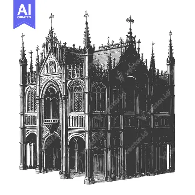 Aset desain premium: Gothic Architecture Church Building Detailed Drawing