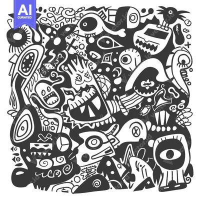 Aset desain premium: Black and White Abstract Doodle Art with Various Shapes and Eyes