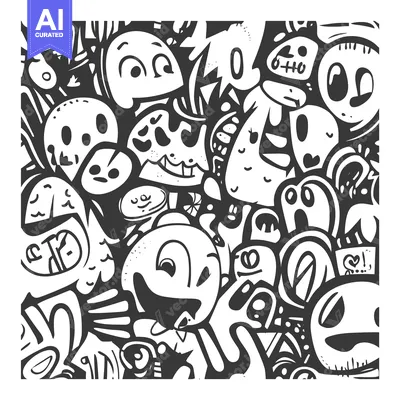 Popular premium asset: Black and White Abstract Doodle Art with Various Shapes and Facial Fea