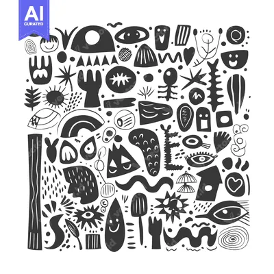 Aset premium populer: Black and White Abstract Doodle Pattern with Geometric Shapes, Eyes, a