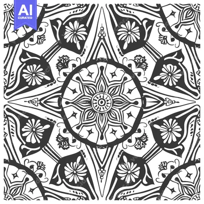 Aset desain premium: Black and White Abstract Floral Pattern with Central Mandala