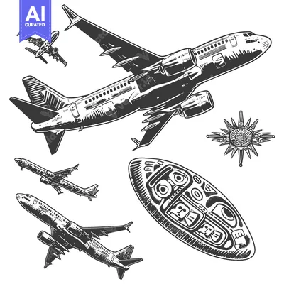 Aset premium populer: Black and White Airplane Illustration with Geometric Designs