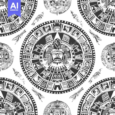 Aset premium populer: Black and White Aztec Calendar Pattern with Central Face