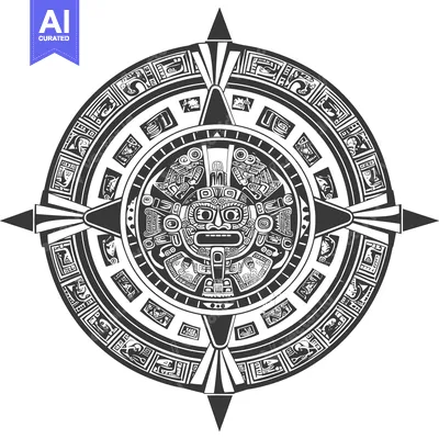 Aset desain premium: Black and White Aztec Calendar with Central Face
