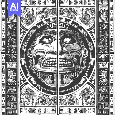 Aset desain premium: Black and White Aztec Design with a Central Face