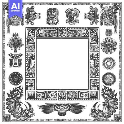 Aset desain premium: Black and White Aztec Inspired Design with a Square Frame