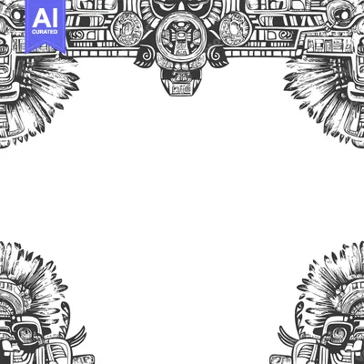 Aset desain premium: Black and White Aztec-Inspired Frame with Feathered Headresses