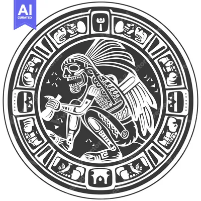 Aset desain premium: Black and White Aztec Style Round Illustration with a Skull Faced Crea