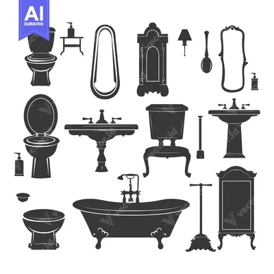 Aset desain premium: Black and White Bathroom Fixtures Silhouettes