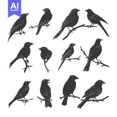 Aset premium populer: Black and White Bird Silhouettes Perched on Branches