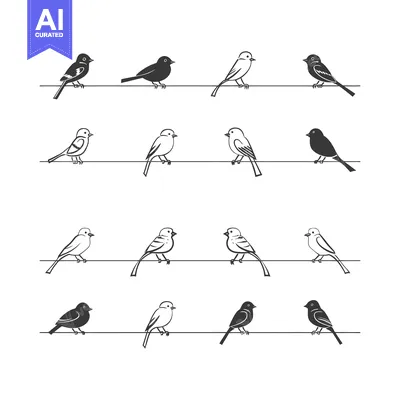 Aset desain premium: Black and White Birds Perched on Wires