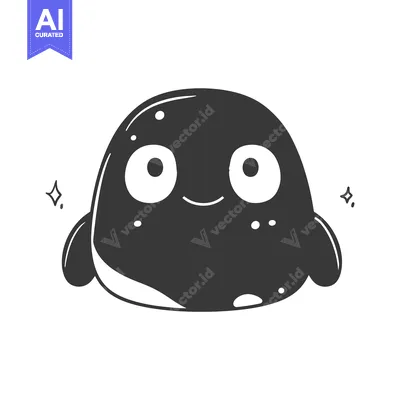 Aset desain premium: Black and White Cartoon Blob Character with Big Eyes and a Smile