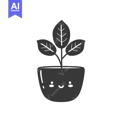 Popular premium asset: Black and white cartoon illustration of a potted plant with a smiley f