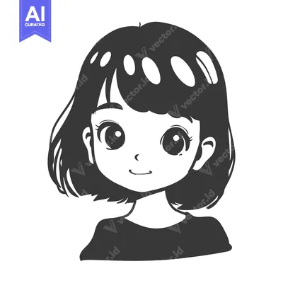Aset desain premium: Black and White Cartoon Illustration of a Smiling Girl with Short Hair