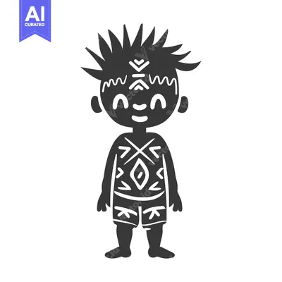 Aset desain premium: Black and White Cartoon Illustration of a Tribal Child with Geometric