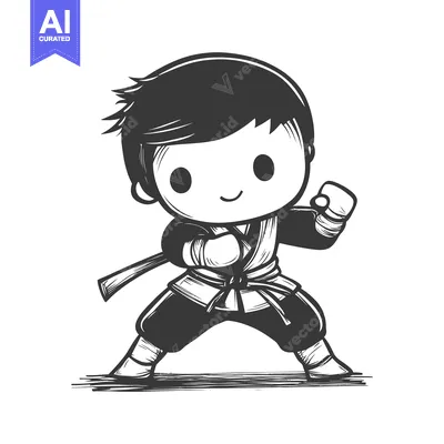 Aset desain premium: Black and white cartoon illustration of a young boy in a karate gi