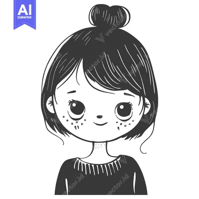 Popular premium asset: Black and White Cartoon Illustration of a Young Girl with a Bun