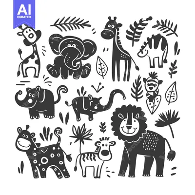 Aset premium populer: Black and White Cartoon Illustrations of African Animals