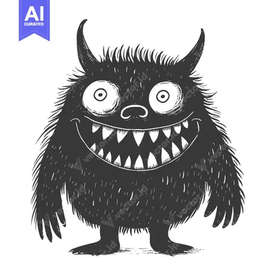 Aset desain premium: Black and White Cartoon Monster with a Wide Grin