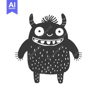 Aset desain premium: Black and White Cartoon Monster with Big Grin