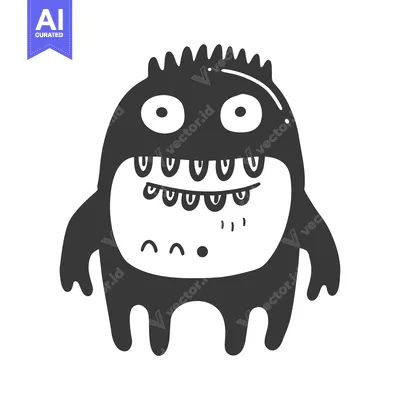 Aset desain premium: Black and White Cartoon Monster with Big Teeth